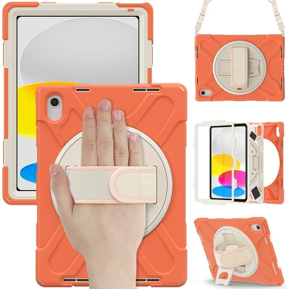 iPad 10th Generation Case 10.9 Inch,TECH CIRCL Shockproof Rugged Drop Protection Cover with 360° Rotatable Kickstand & Shoulder Strap & Pencil Holder for 10.9" iPad Case 2022 Released,Orange