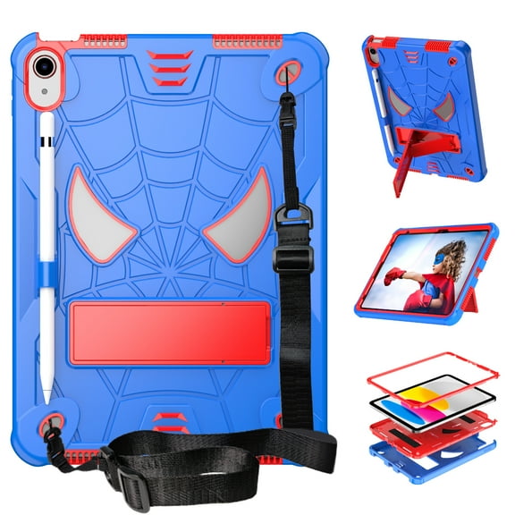 Dteck Case for iPad (A16) 11th Gen 11" 2025 / iPad 10th Generation 10.9" 2022, Case with Soft PET Screen Protector for Kids, Heavy Duty Shockproof iPad Case with Kickstand Shoulder Strap,Blue+Red