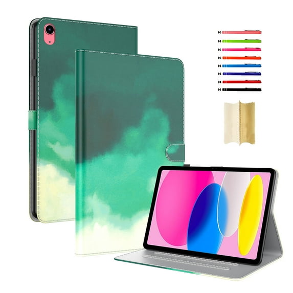 for iPad 10th Generation Case 2022, iPad 10 th Gen 10.9 inch Protective Cover with Pencil Holder, Multi-Angle Viewing Stand, Pocket Design, Folio Smart Leather Case for Women Men, Green