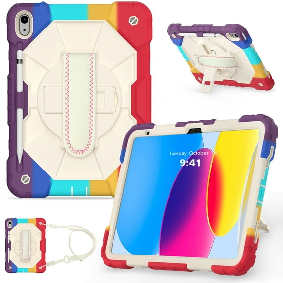 iPad 10th Generation Case 2022, Upgraded Military Grade Heavy Duty Silicone Protector iPad 10th Gen 10.9 inch 2022 Cover Pencil Holder + 360 Rotating Stand+ Handle+ Shoulder Strap, colorful red+beige