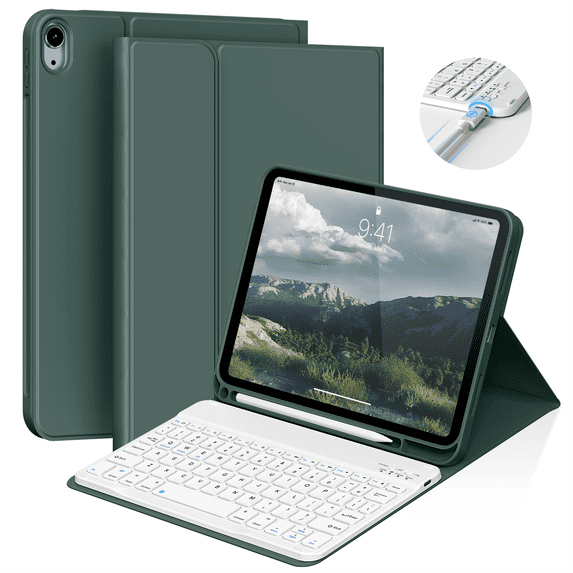 Kenke iPad (A16) 11th Generation 11 inch 2025 Keyboard Case,Case for iPad 10th Generation 10.9 inch 2022 Bluetooth Detachable -with Pencil Holder - Flip Stand Case - Keyboard Case, Dark Green