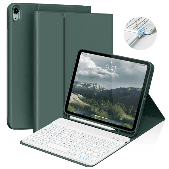 Kenke iPad (A16) 11th Generation 11 inch 2025 Keyboard Case,Case for iPad 10th Generation 10.9 inch 2022 Bluetooth Detachable -with Pencil Holder - Flip Stand Case - Keyboard Case, Dark Green