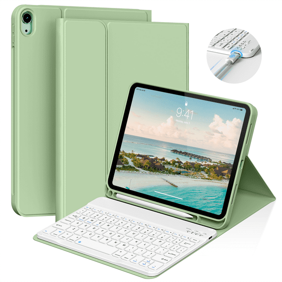 Kenke iPad (A16) 11th Generation 11 inch 2025 Keyboard Case,Case for iPad 10th Generation 10.9 inch 2022 Bluetooth Detachable -with Pencil Holder - Flip Stand Case - Keyboard Case, Light Green