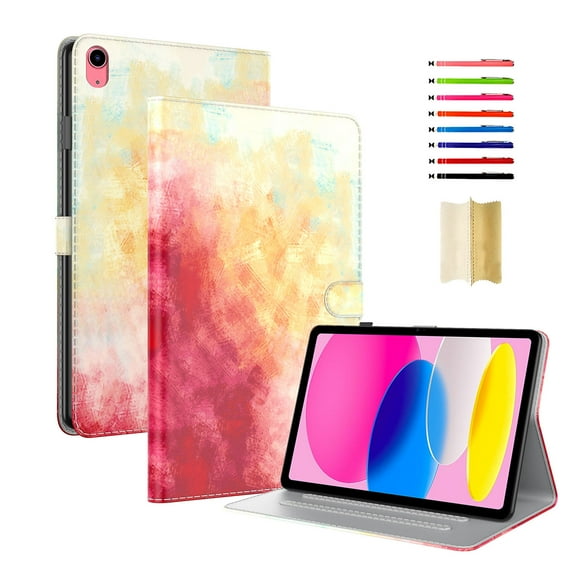 for iPad (A16) 11th Gen 2025 Case, Watercolor Painting Multi-Angle View with Adjustable Stand Auto Wake/Sleep Function Magnetic Case for iPad 10th Gen 2022 10.9" with Pen Holder & Card Slots, Red