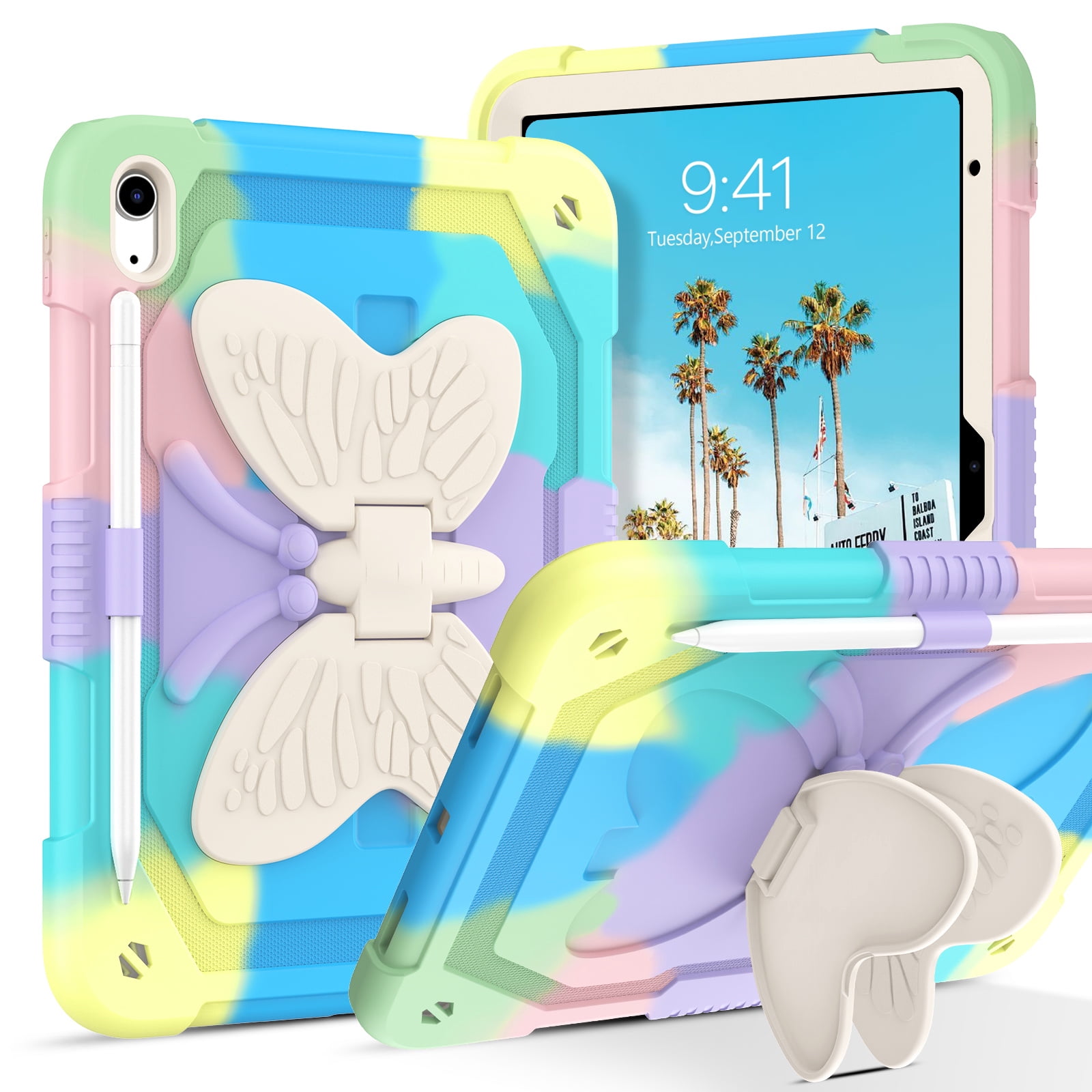 iPad 11 Case 2025 (11 inch) / iPad 10 Case 2022 (10.9 inch), DOMAVER Shockproof Protective Cover with Butterfly Wings Kickstand, Apple Pencil Holder, Kids Friendly Drop-Proof Design – Rainbow Green