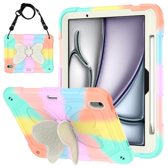 For iPad A16 11th 10th Generation 2025/2022 Case, Rugged Hybrid Cover with Butterfly Wings Hidden Kickstand Pencil Holder Adjustable Shoulder Strap Drop Resistant Anti-Scratch Fashion Case,Colorful