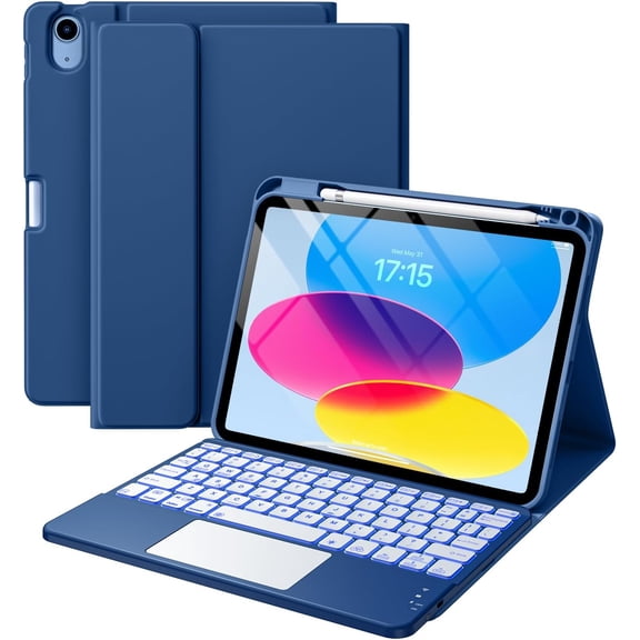 iPad 11th 10th Generation (A16)Case with Keyboard, Folio Cover with Pencil Holder, Multi-Touch Trackpad,Navy Blue