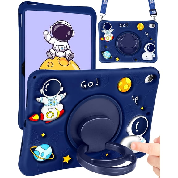 for iPad 11th (A16)/10th Generation Case Boys Cute Astronaut Cover Kawaii 3D Cartoon Spacemen Cool with Rotating Handle Stand + Strap Soft Silicone Funda for Apple 10/11 Gen Cases 10.9 Inch