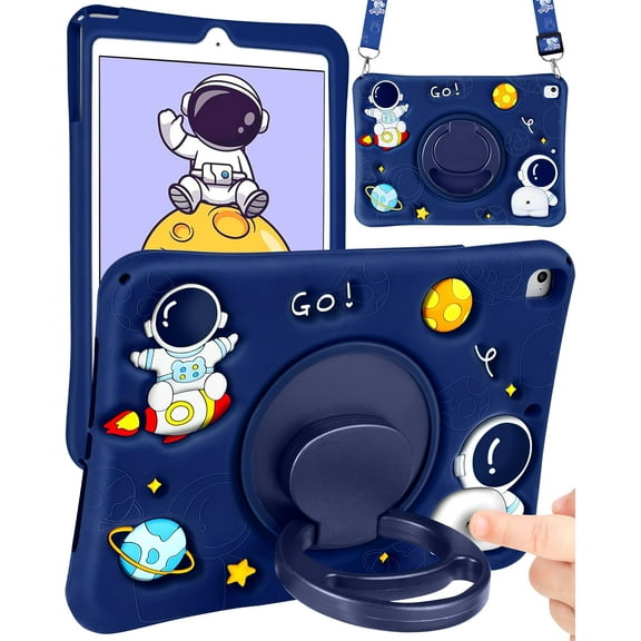 for iPad 11th (A16)/10th Generation Case Boys Cute Astronaut Cover Kawaii 3D Cartoon Spacemen Cool with Rotating Handle Stand + Strap Soft Silicone Funda for Apple 10/11 Gen Cases 10.9 Inch
