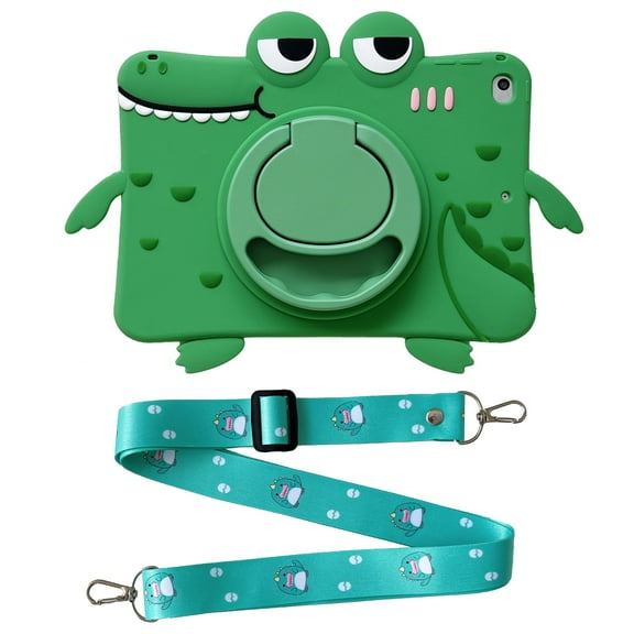 For iPad 11th A16 2025 and iPad 10th Generation 10.9 Inch 2022 Case Kids Shockproof Cover 3D Cartoon with Rotating Handle Stand Shoulder Strap Soft Silicone Child Case,Green