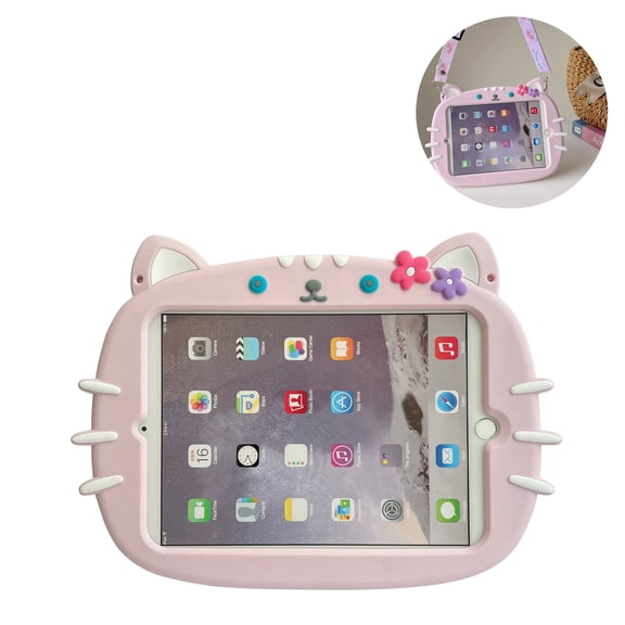 For iPad 11th A16 2025 and iPad 10th Generation Case 10.9 Inch 2022 Cute Flower Cat Cover 3D Cartoon with Rotating Handle Stand + Shoulder Strap Soft Silicone Kids Case for iPad 10th Gen