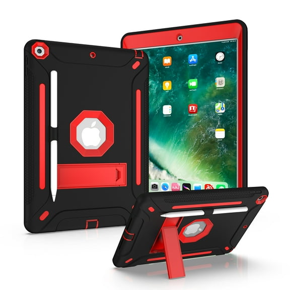 iPad 2/3/4 Case, Dual Layer Shockproof Lightweight Hybrid Rugged Kickstand Protective Cover with Pencil Holder, Black/Red