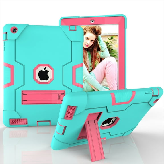 iPad 2 Case,iPad 3 Case,iPad 4 Case, Allytech Three Layer Shockproof Armor Defender Protective Case Cover with Kickstand for iPad 2nd Gen / iPad 3rd Gen / iPad 4th Generation (Aqua/Rosegold)