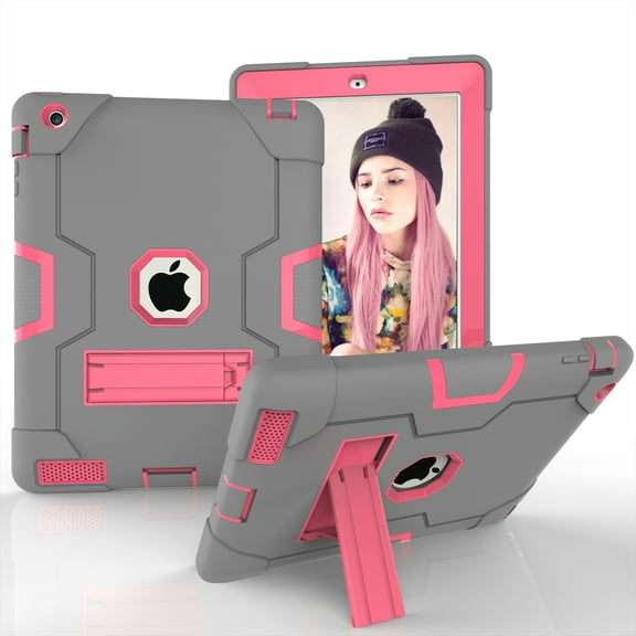 iPad 2 Case,iPad 3 Case,iPad 4 Case, Allytech Three Layer Shockproof Armor Defender Protective Case Cover with Kickstand for iPad 2nd Gen / iPad 3rd Gen / iPad 4th Generation (Grey/Rosegold)