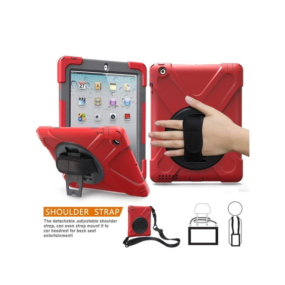 iPad 2 Case iPad 3 Case iPad 4 Case Cover Heavy Duty Shockproof Protective Cover with Rotable Hand Strap Kickstand and Shoulder Strap
