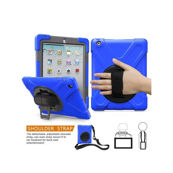 iPad 2 Case iPad 3 Case iPad 4 Case Cover Heavy Duty Shockproof Protective Cover with Rotable Hand Strap Kickstand and Shoulder Strap