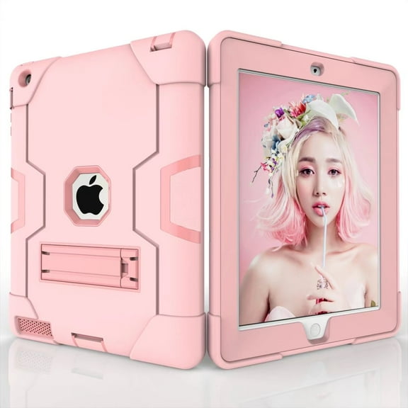 Dteck Shockproof Case For iPad 2 3 4, Heavy Duty Hybrid Kickstand Back Cover Rosegold