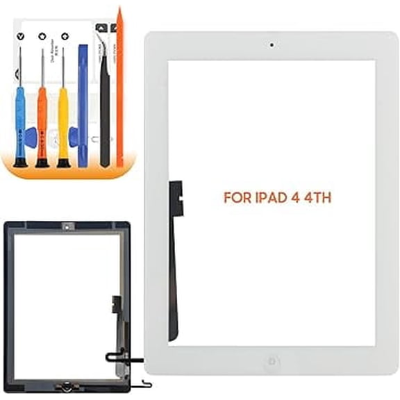 For iPad 4(4th Generation) Screen Replacement A1460 a1458 a1549 Screen Touch Digitizer Glass Sensor Repair Parts Include Home Button,Adhesive,Tempered Glass (White)