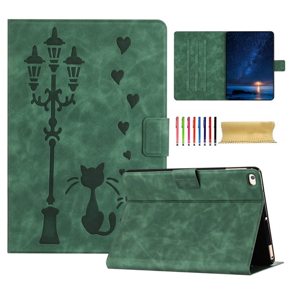 for iPad 5th/6th/9.7 2017/2018 Folio Flip Case, Embossed PU Leather Case with Smart Auto Wake / Sleep Function & Adjustable Stand (3 Anti-Slip Strips) with Card Slots Protective Cover, Green