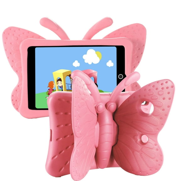 iPad 5th/6th Generation Case, iPad 9.7 2018/2017 Case, Kids Friendly Shockproof Butterfly Wing Kickstand Rugged Light Weight EVA Protective Cover, Pink