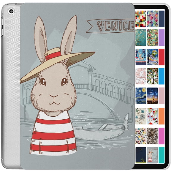 iPad 6 5 Gen Air 2 1 9.7 [iPad Air 1st 2nd 5th 6th Generation] A1893 A1954 A1822 A1566 A1823 Printed Lightweight Shock Absorbant Flexible TPU Protective Clear Case - Bunny Hat