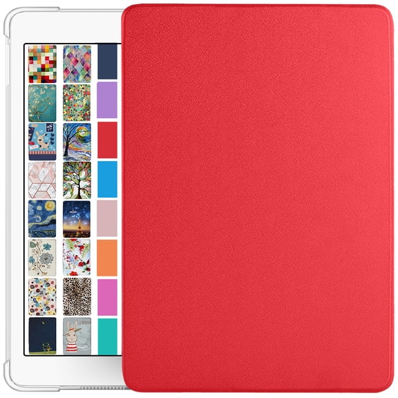 iPad 6th 5th Air 1st 2nd Gen 9.7 Inch [iPad 6 5 Air 1 2 ] A1893 A1822 A1566 A1474 MH2V2LL/A MRM52LL/A MP242LL/A Trifold Slim Smart TPU Transparent Back Cover with Adjustable Stand Feature - Red