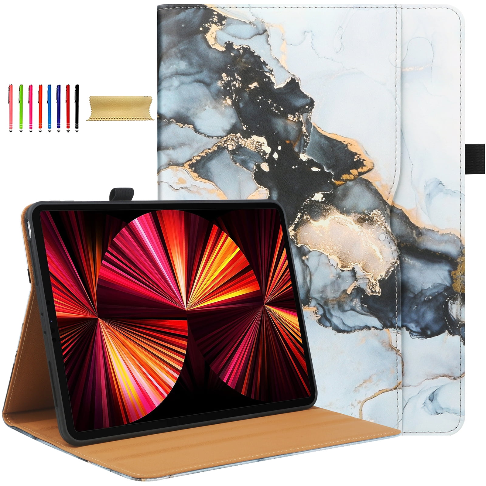 For iPad 6th 5th Gen Case/ iPad Air 1 2 Case, Auto Sleep Wake Kickstand Elastic Band Pencil Holder Front Pocket Business Case for Apple iPad 9.7" 2018/2017/ iPad Air 1 2 9.7", Black Marble