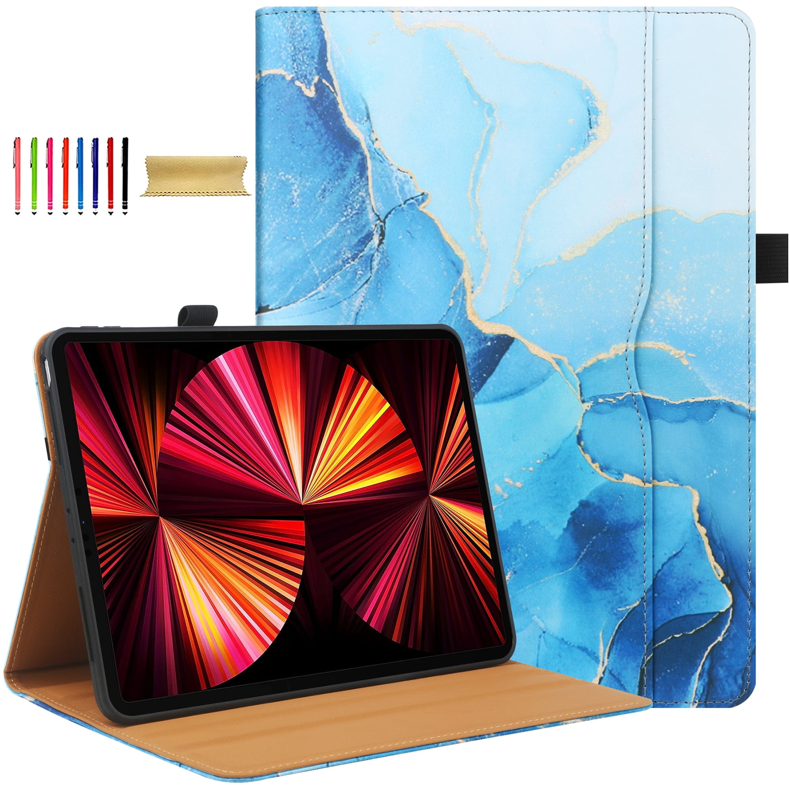 For iPad 6th 5th Gen Case/ iPad Air 1 2 Case, Auto Sleep Wake Kickstand Elastic Band Pencil Holder Front Pocket Business Case for Apple iPad 9.7" 2018/2017/ iPad Air 1 2 9.7", Blue Marble