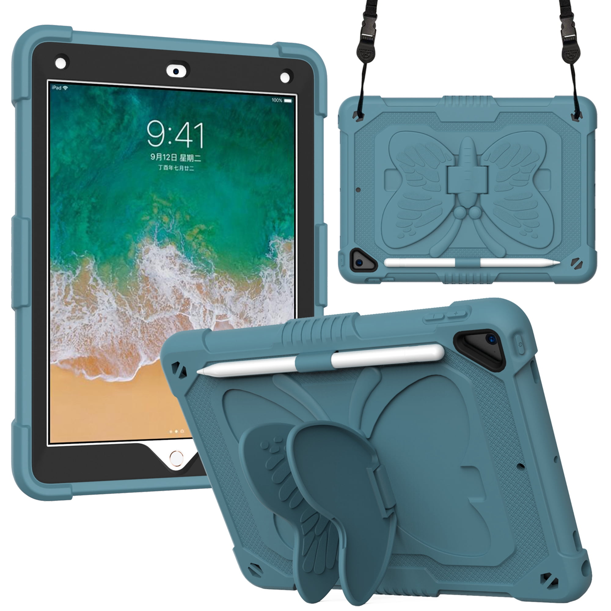Dteck for iPad 6th 5th Generation Case with Kickstand Butterfly Wings Pencil Holder, Heavy Duty Hard Rugged Protective Cover Kids Girls for 9.7 inch iPad 6th/5th Gen/Air 2,Darkgreen