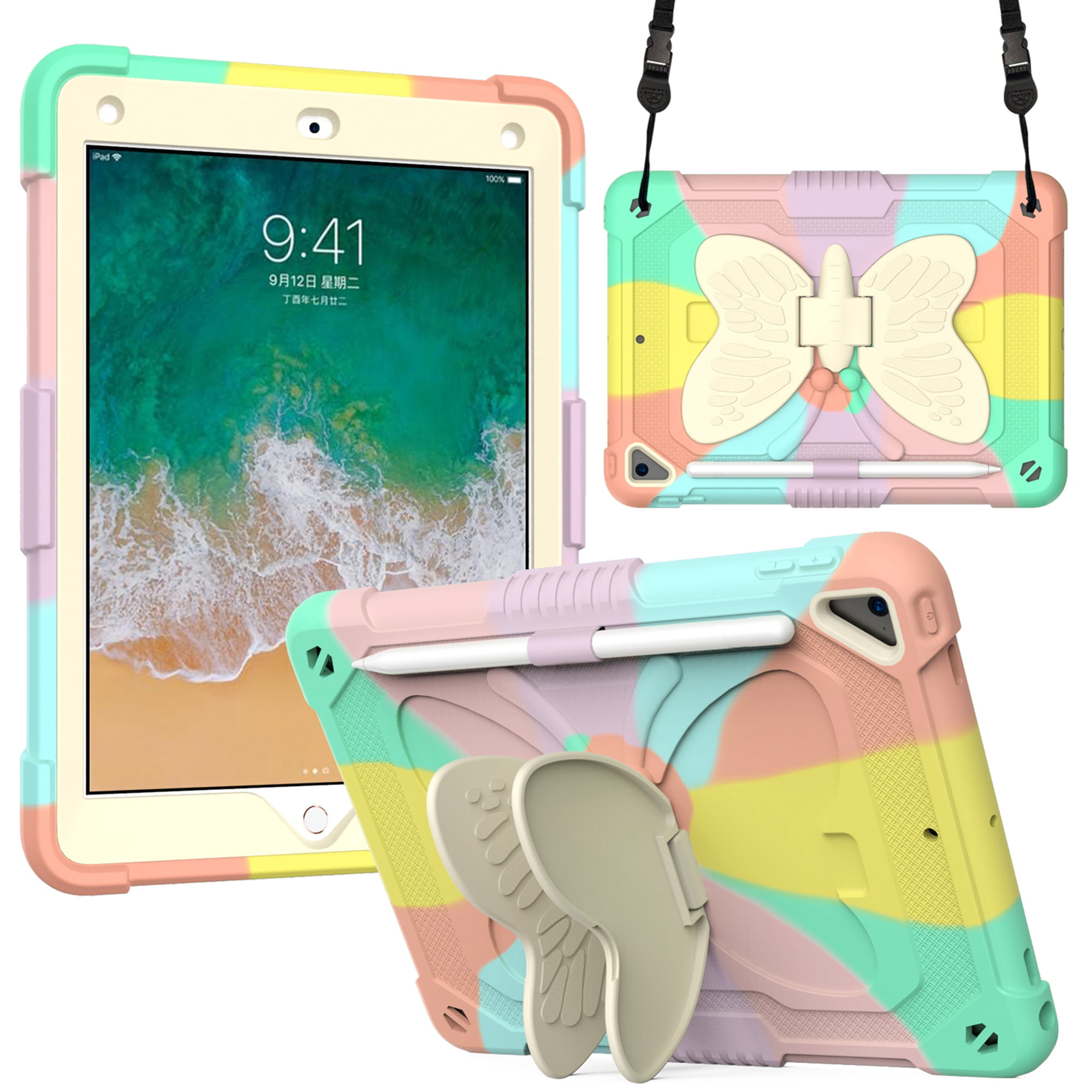 Dteck for iPad 6th 5th Generation Case with Kickstand Butterfly Wings Pencil Holder, Heavy Duty Hard Rugged Protective Cover Kids Girls for 9.7 inch iPad 6th/5th Gen/Air 2,Rainbow Pink