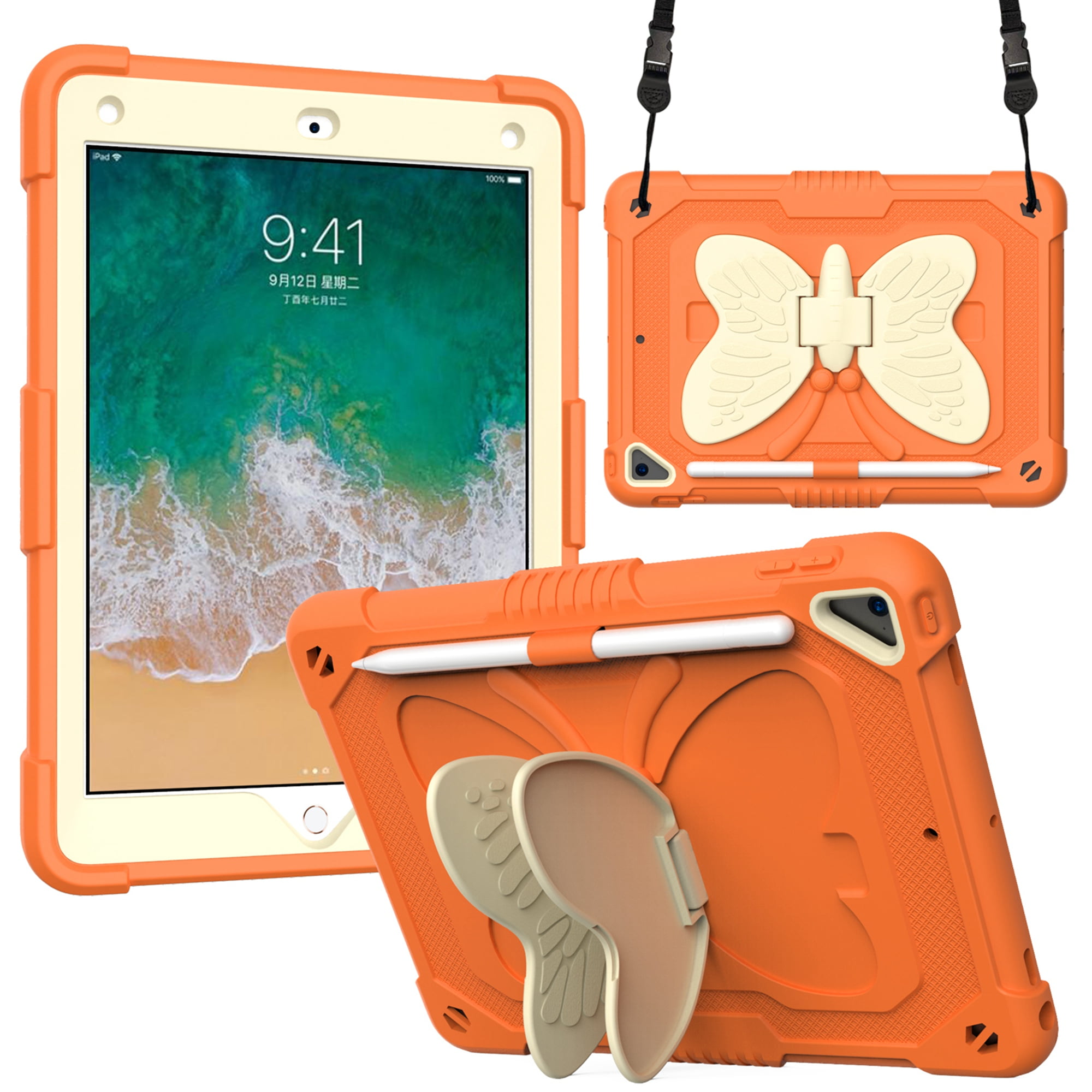 Dteck for iPad 6th 5th Generation Case with Kickstand Butterfly Wings Pencil Holder, Heavy Duty Hard Rugged Protective Cover Kids Girls for 9.7 inch iPad 6th/5th Gen/Air 2,Orange + Beige