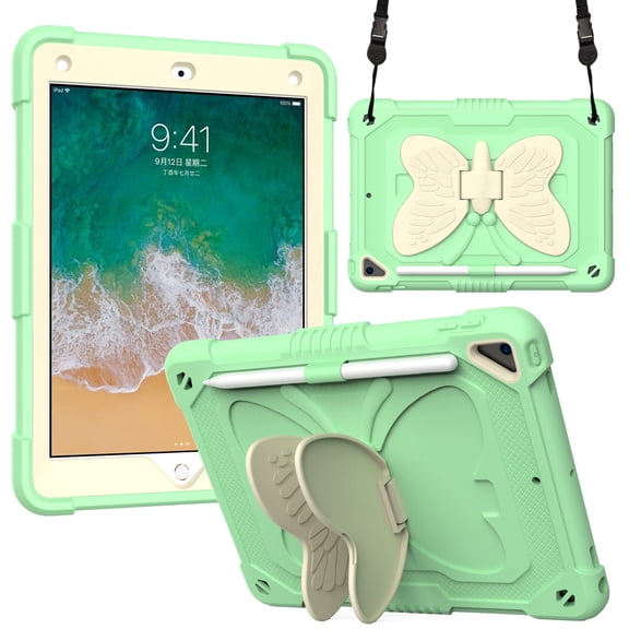 Dteck for iPad 6th 5th Generation Case with Kickstand Butterfly Wings Pencil Holder, Heavy Duty Hard Rugged Protective Cover Kids Girls for 9.7 inch iPad 6th/5th Gen/Air 2,Green + Beige