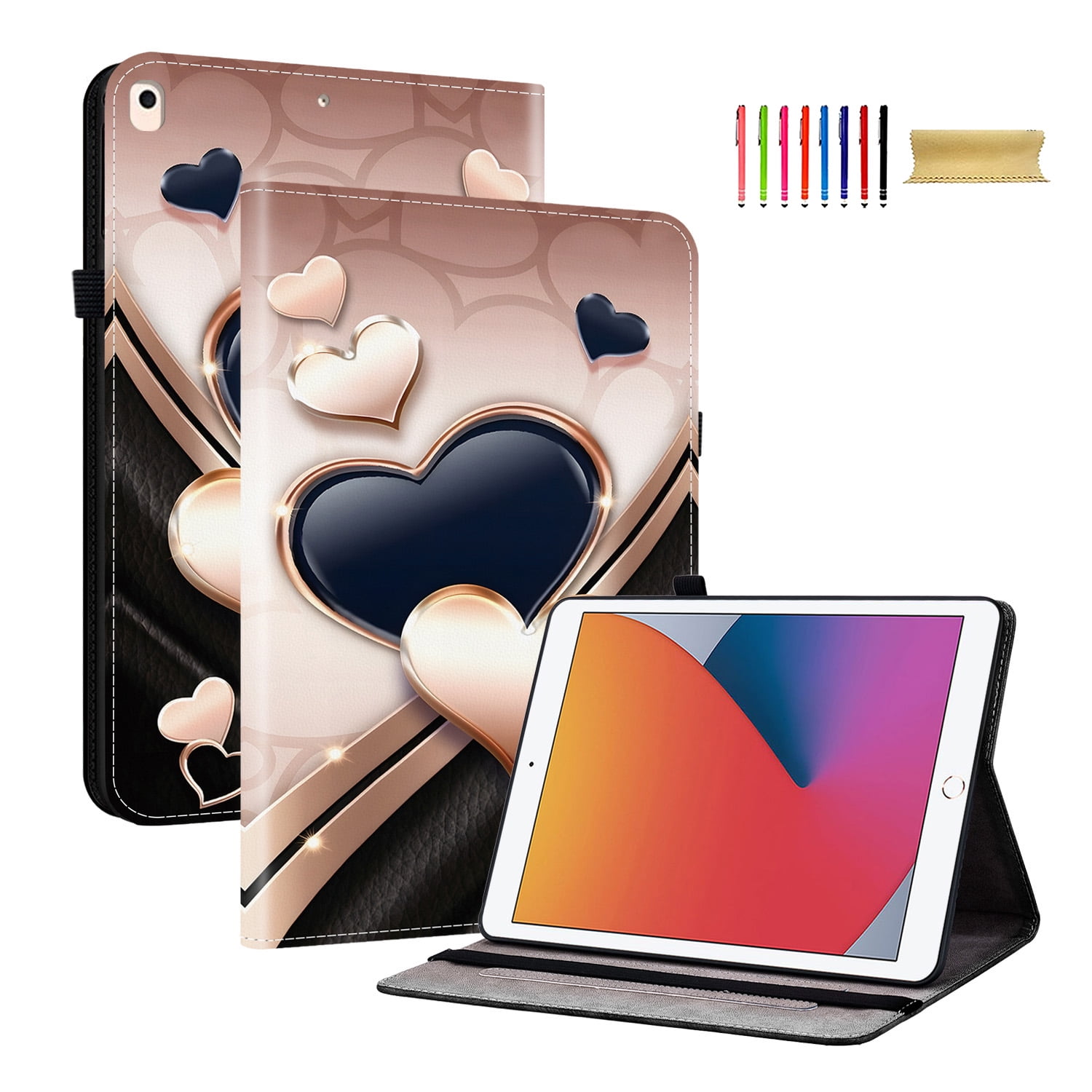 For iPad 6th 5th Generation 9.7" Case 2018 2017, Premium PU Leather Flip Cover Stand Cover with Cards Slots Pencil Holder Shockproof TPU Inner Case for Apple iPad 6th 5th Gen, Hearts