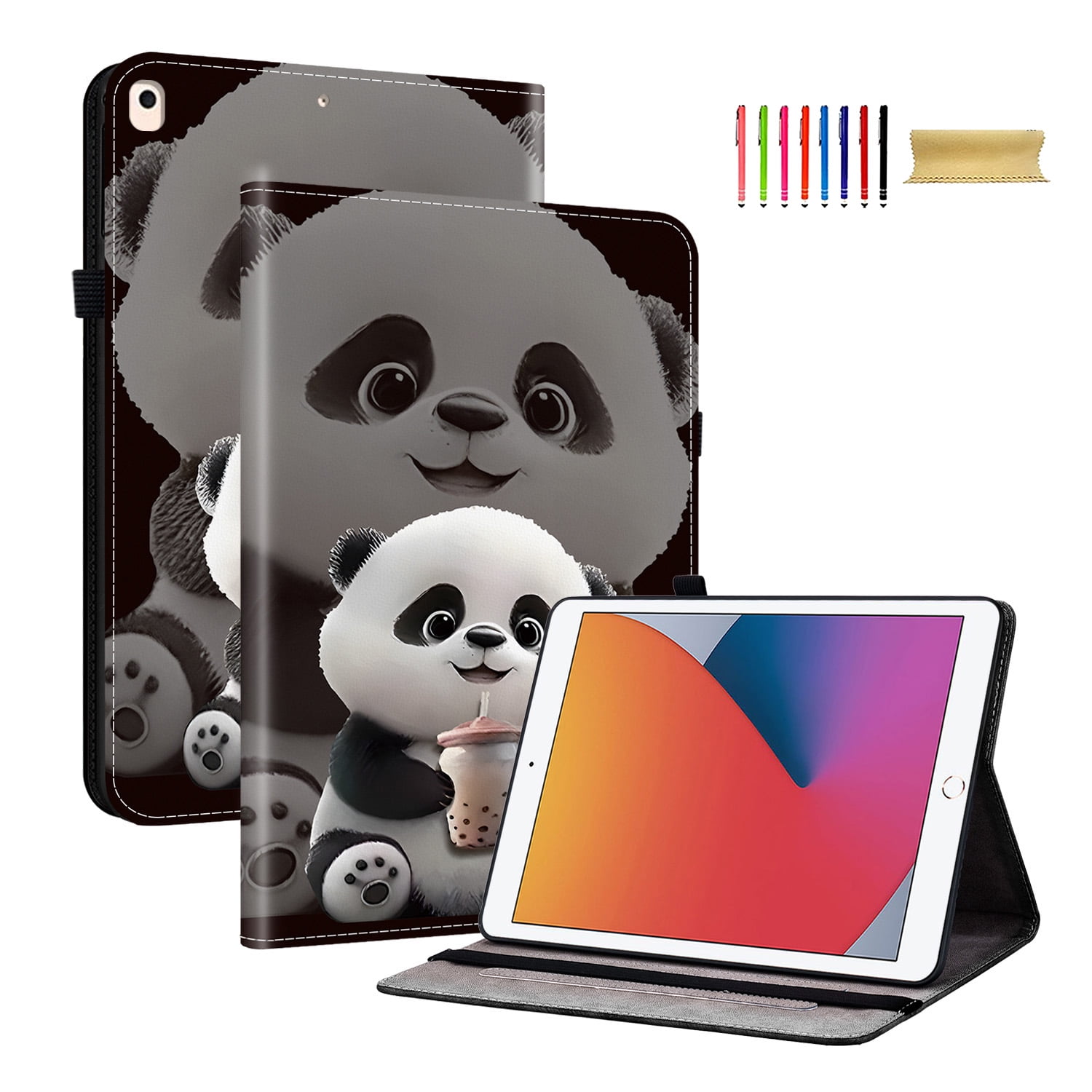 For iPad 6th 5th Generation 9.7" Case 2018 2017, Premium PU Leather Flip Cover Stand Cover with Cards Slots Pencil Holder Shockproof TPU Inner Case for Apple iPad 6th 5th Gen, Cute Panda