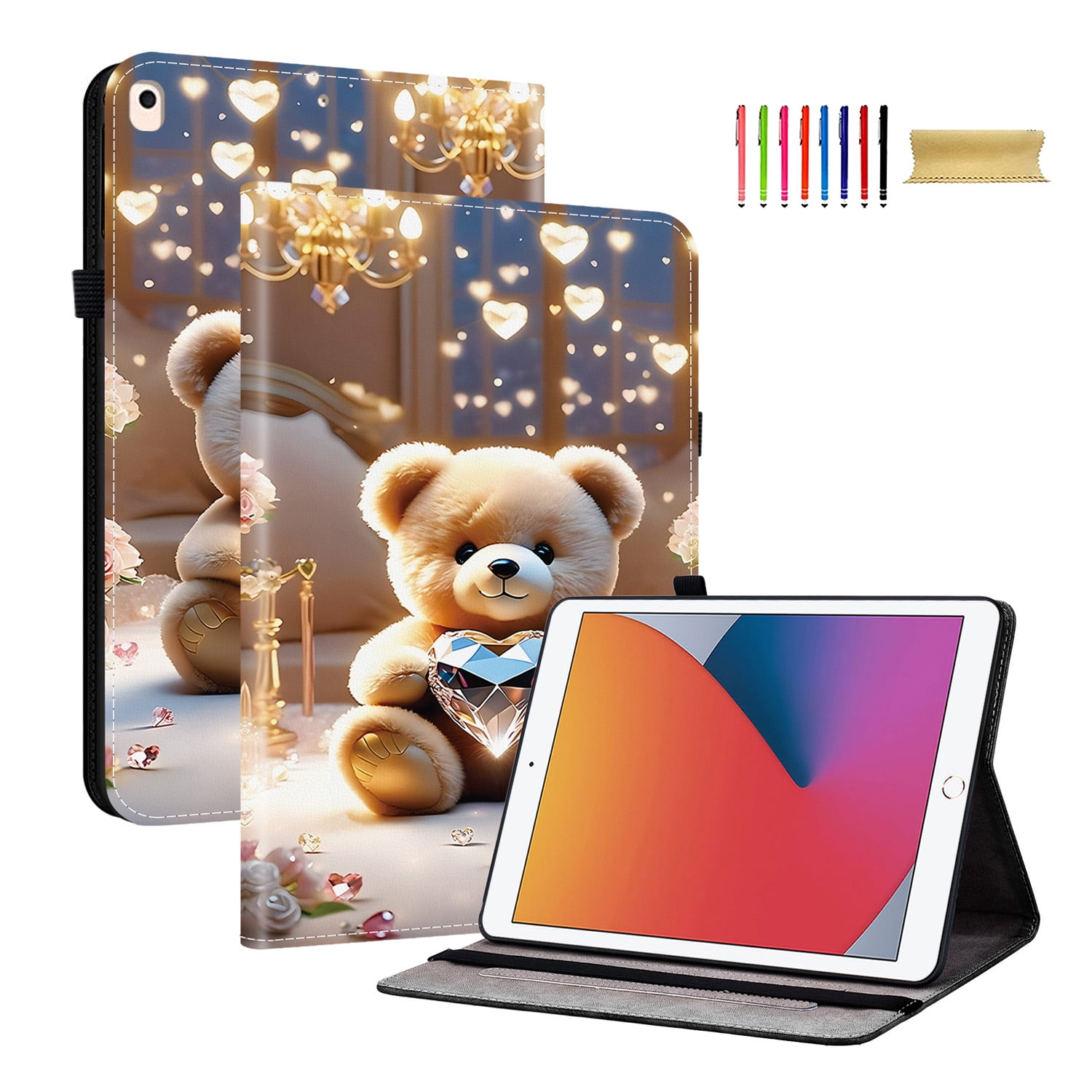 For iPad 6th 5th Generation 9.7" Case 2018 2017, Premium PU Leather Flip Cover Stand Cover with Cards Slots Pencil Holder Shockproof TPU Inner Case for Apple iPad 6th 5th Gen, Diamond Bear