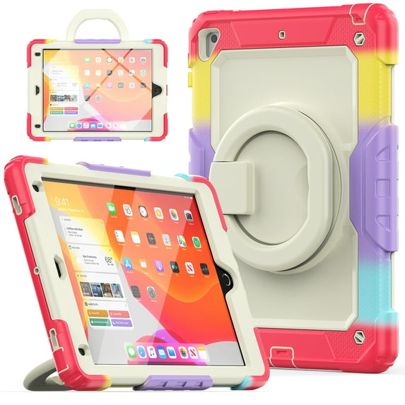 iPad 6th/5th Generation Case/ Air 2/ Pro 9.7..,Rugged Protective Case with Tempered Glass Film 360° Rotatable Kickstand Handle Kid Proof Case for Apple iPad 6th/5th/ Air 2/ Pro 9.7,Red/Colorful