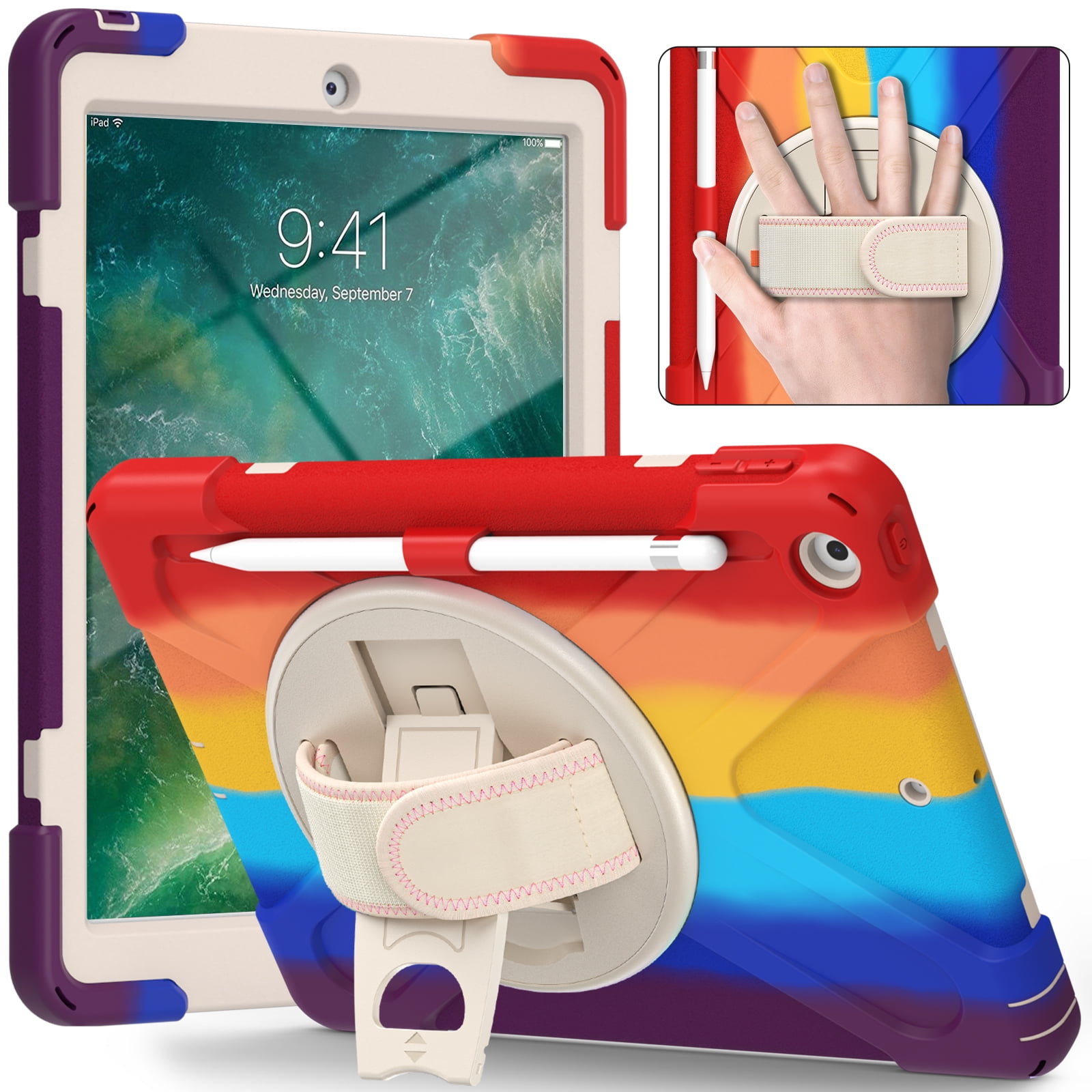 iPad 6th/5th Generation Case Kids, iPad 9.7 Case with Pencil Holder, Heavy Duty Shockproof Protective Rugged iPad 9.7 Case with Stand/Hand Strap for iPad Air 9.7-inch 2018/2017 - Rainbow Red