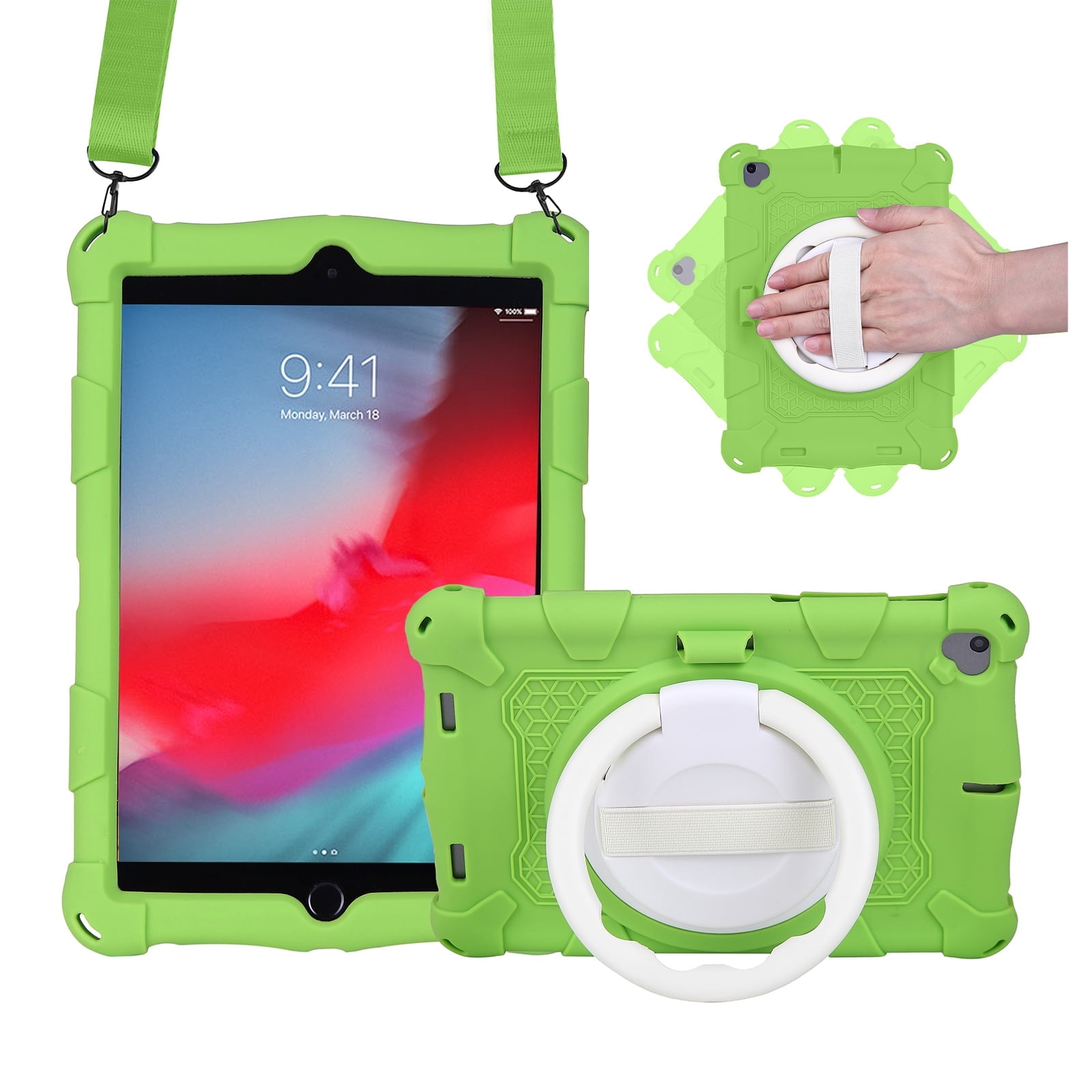 For iPad 6th 5th Generation Case, Soft Silicone Drop Protection Rotating Kickstand with Shoulder Strap Pencil Holder Kids Friendly Lightweight Case for iPad Air 1 2/ iPad 9.7" 2018/2017, Green