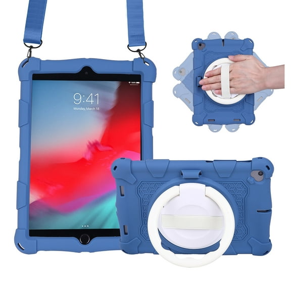 For iPad 6th 5th Generation Case, Soft Silicone Drop Protection Rotating Kickstand with Shoulder Strap Pencil Holder Kids Friendly Lightweight Case for iPad Air 1 2/ iPad 9.7" 2018/2017, Darkblue