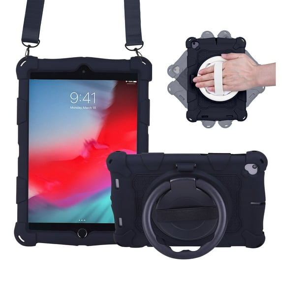 For iPad 6th 5th Generation Case, Soft Silicone Drop Protection Rotating Kickstand with Shoulder Strap Pencil Holder Kids Friendly Lightweight Case for iPad Air 1 2/ iPad 9.7" 2018/2017, Black