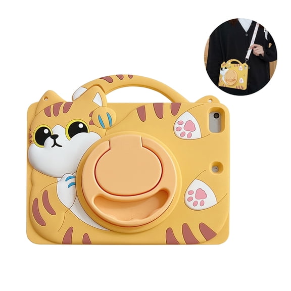for iPad 6th Gen 2018 / 5th Gen 2017 9.7 inch Case Kids Shockproof Cover With Pencil Holder 3D Cartoon with Rotating Handle Stand Shoulder Strap Soft Silicone Child Case,Yellow
