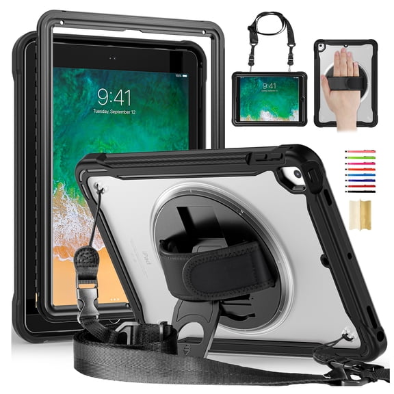 for iPad 6th Gen 9.7" 2018 (A1893, A1954) Rugged Case, 360 Rotating Hand Strap Stand/Pencil Holder/Adjustable Crossbody Strap, [2 In 1] Protective for iPad 6th Gen 9.7" 2018, Black