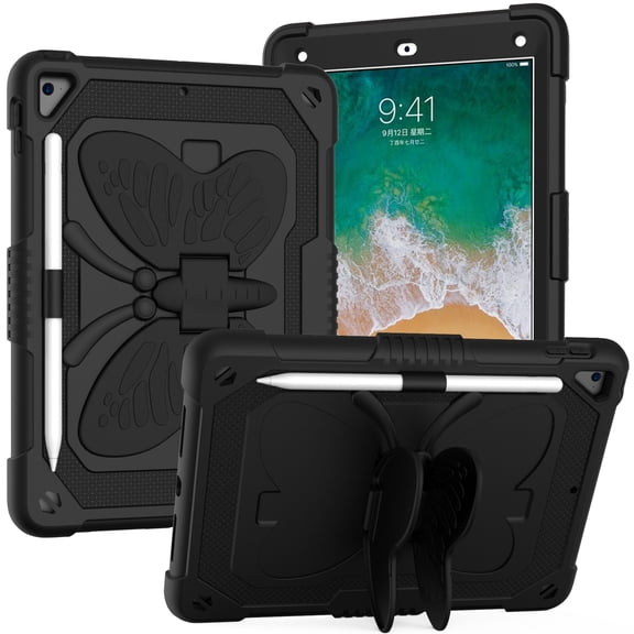 for iPad 6th Gen 9.7" 2018 Kids Case with 3D Butterfly Stand & Pencil Holder, Tablet Case with Adjustable Shoulder Strap, Shockproof Protective Cover for iPad Pro 9.7" 2016, Black