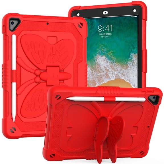 for iPad 6th Gen 9.7" 2018 Kids Case with 3D Butterfly Stand & Pencil Holder, Tablet Case with Adjustable Shoulder Strap, Shockproof Protective Cover for iPad Pro 9.7" 2016, Red