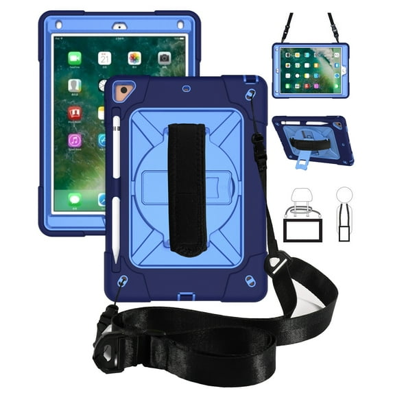 iPad 6th Generation Case, iPad 5th Generation Case, iPad 9.7 2017/2018 Shockproof Case, Dteck Heavy Duty Rugged 3 Layer Full Body Protection Case Kickstand with Shoulder Strap, Hand Strap, Navy/Blue