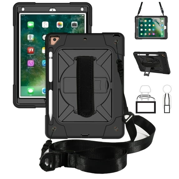 iPad 6th Generation Case, iPad 5th Generation Case, iPad 9.7 2017/2018 Shockproof Case, Dteck Heavy Duty Rugged 3 Layer Full Body Protection Case Kickstand with Shoulder Strap, Hand Strap, Black