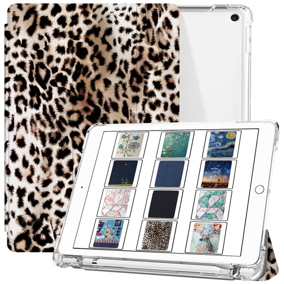iPad 7th 8th 9th Gen 2019 / 2020 / 2021-10.2 Inch [iPad 9 8 7 ] A2602 A2270 A2197 MW762LL/A UltraSlim Printed Auto Sleep/Wake Printed TPU Transparent Cover with Pencil Holder - Leopard