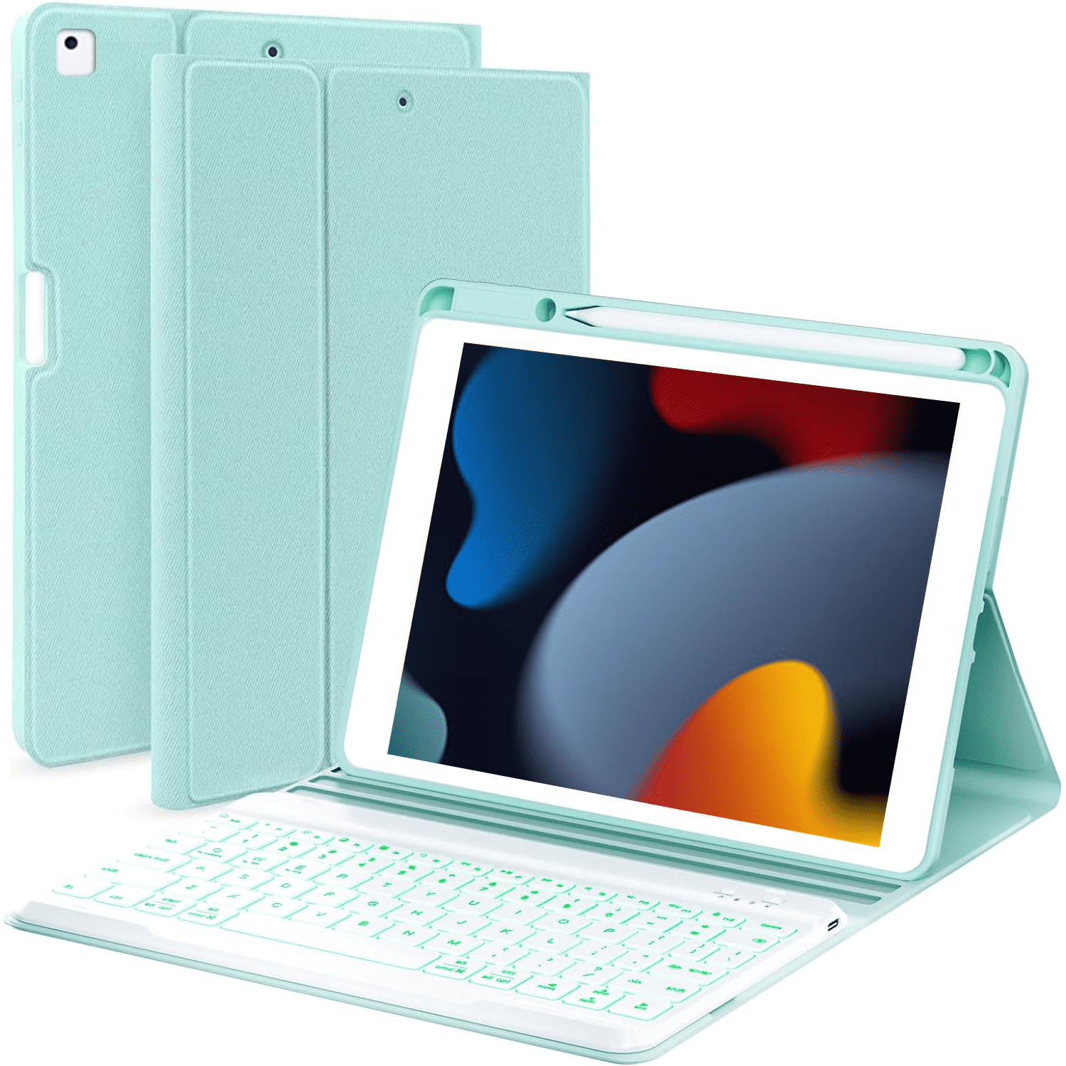 iPad 7th/8th/9th Generation Case with Keyboard 10.2-inch 2019/2020/2021, iPad Air 3rd/Pro 10.5-inch 2017 Compatible, 7 Color Backlit Keyboard BT/Wireless/Detachable with Pencil holder (Mint Green)