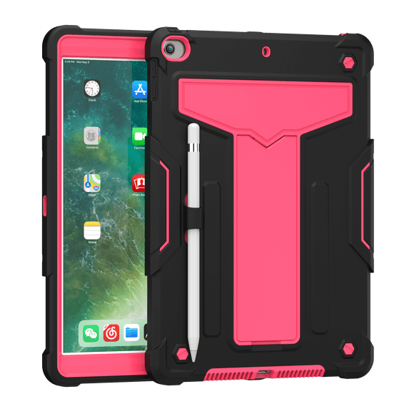 iPad 7th 8th Generation Case, iPad Air 3rd Generation 2019, Kids Full Body Shockproof Hybrid Armor Protective Case with Kickstand & Pencil Holder for iPad 10.2 / iPad Pro 10.5 Tablet, Black+Rose