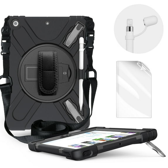 iPad 7th Generation Case with PET Screen Protector, iPad 10.2" 2019 Case with Pencil Holder/Pencil Cap, Dteck Heavy Rugged Shockproof Cover with 360 Rotate Stand /Hand Strap/ Should Belt,Black